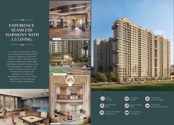 Promotional image for L3 Living in Dombivli, a premium residential project offering a seamless harmony of luxury and lifestyle. The image features exterior views of the high-rise buildings, along with glimpses of amenities like a modern gym, a multi-purpose sports court, a grand indoor lounge, and a well-designed living space, highlighting the upscale living experience.